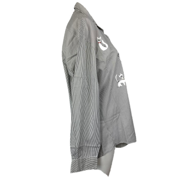 Mili Designs Shirt Womens M Black White Striped Cotton Kitty Cat‎ Vintage Button - Picture 3 of 15